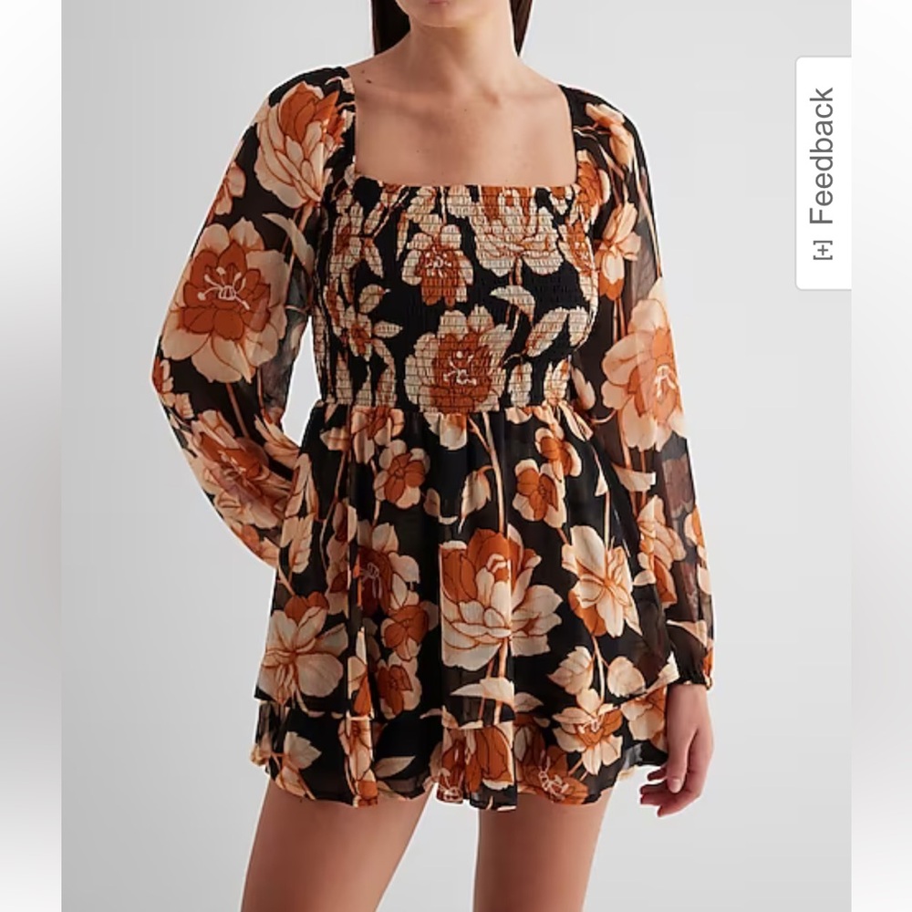 Express Floral Square Neck Long Sleeve Smocked Romper Size Small
